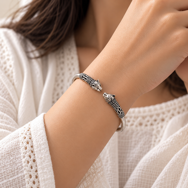 Model wearing Silver Tiger-Head Cuff Bangle