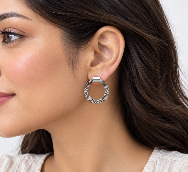 Model wearing Twisted Rope Circle Hoop Earrings