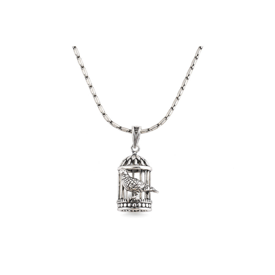 Oxidised silver birdcage pendant with a detailed bird motif