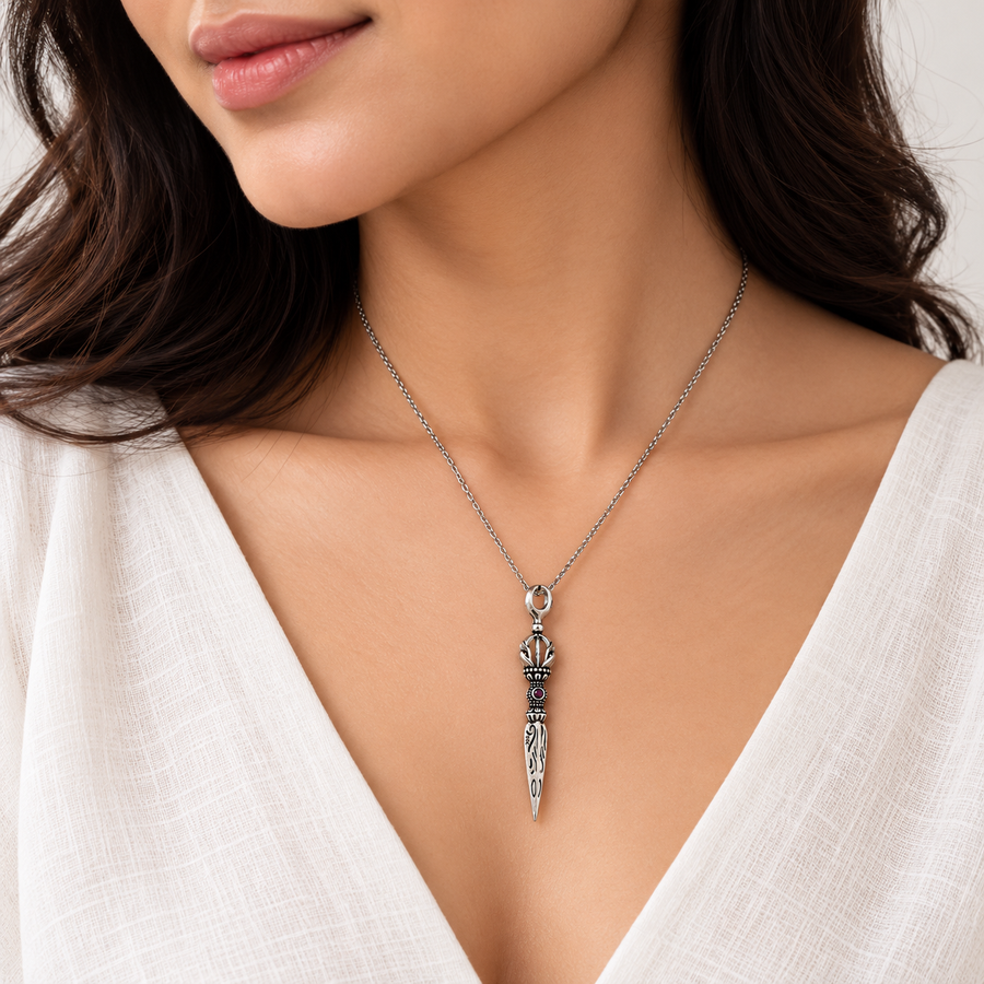 Model wearing Oxidised Silver Tribal Spear Pendant