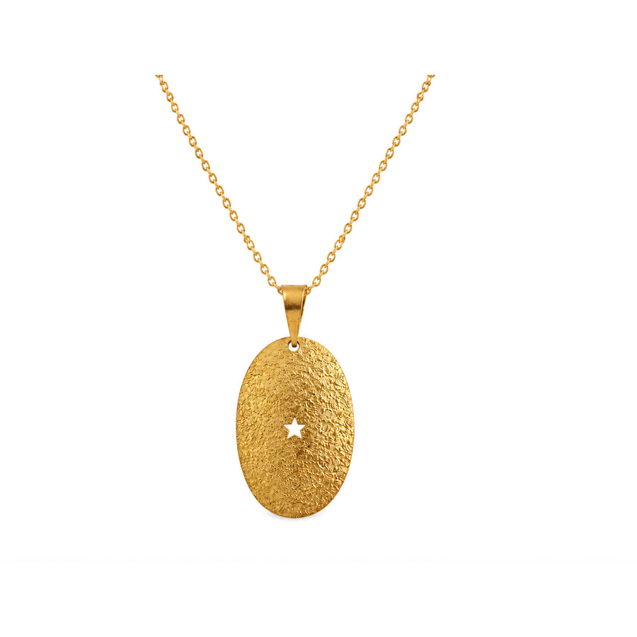 Golden textured oval pendant with star cutout on a gold chain