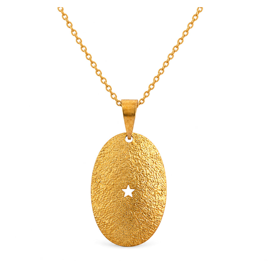 Gold-plated textured oval pendant with a small star cutout
