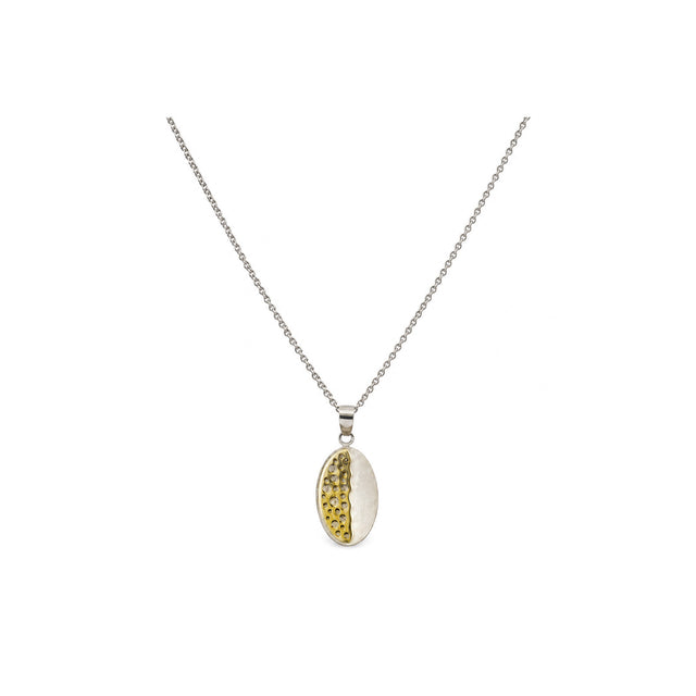 Textured two-tone oval pendant on a silver chain