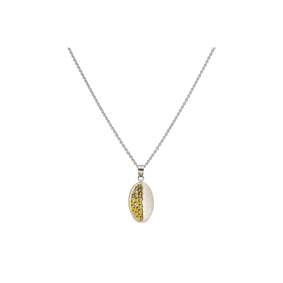 Textured two-tone oval pendant on a silver chain