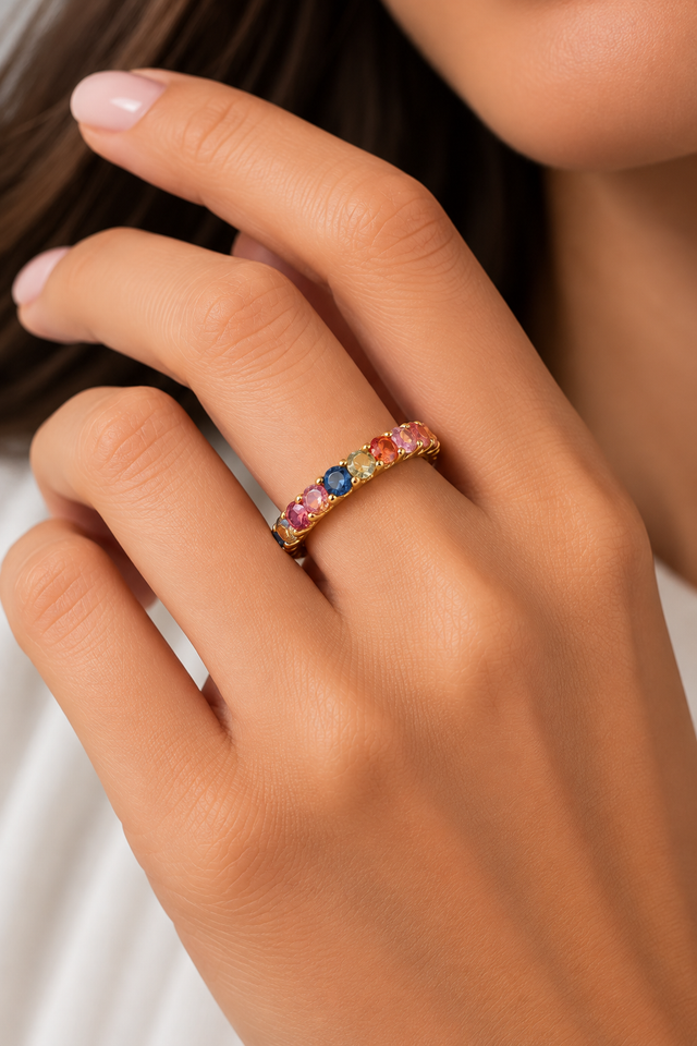 Model wearing Multi-Sapphire 18K Gold-Plated Band