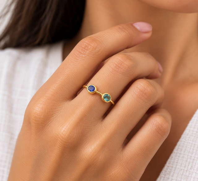 Model wearing Emerald & Sapphire Harmony Ring