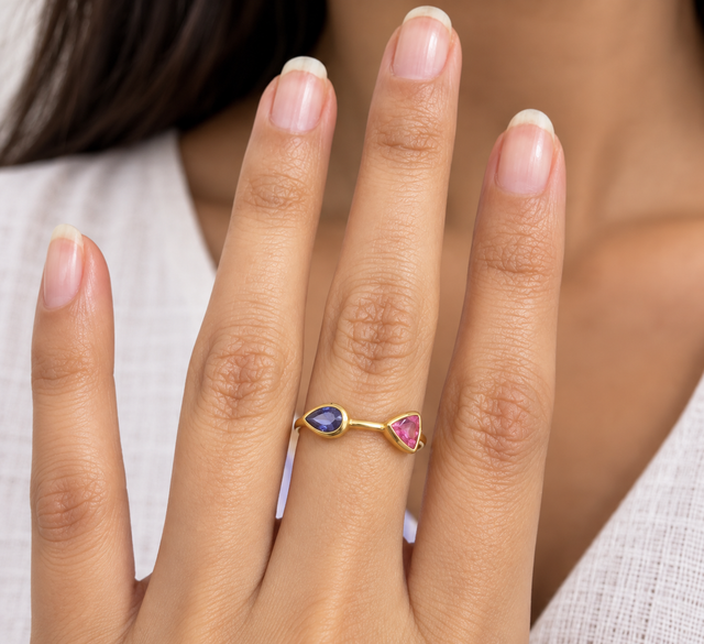 Model wearing Blue & Pink Sapphire Duo Ring