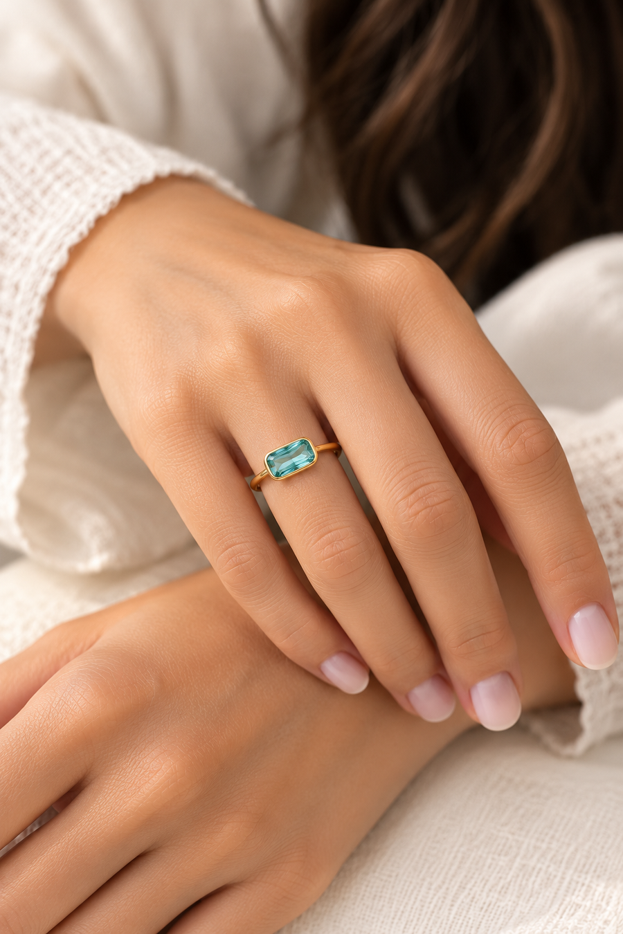 Model wearing Emerald Edge Ring