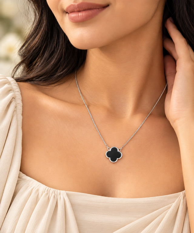 Model wearing Black Onyx Clover Pendant Necklace