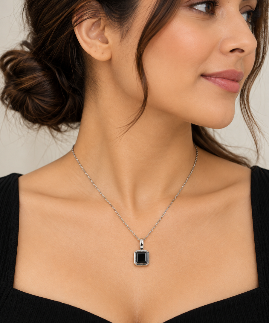 Model wearing Black Onyx Square Pendant