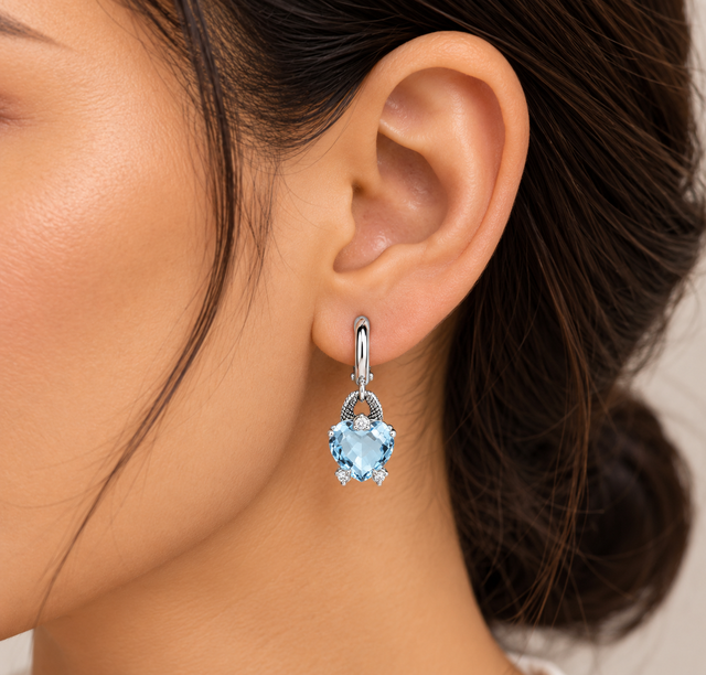 Model wearing Celeste Blue Topaz Drop Earrings