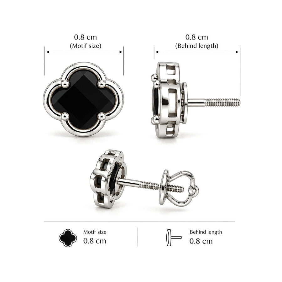 Black Onyx Clover Stud Earrings in polished silver