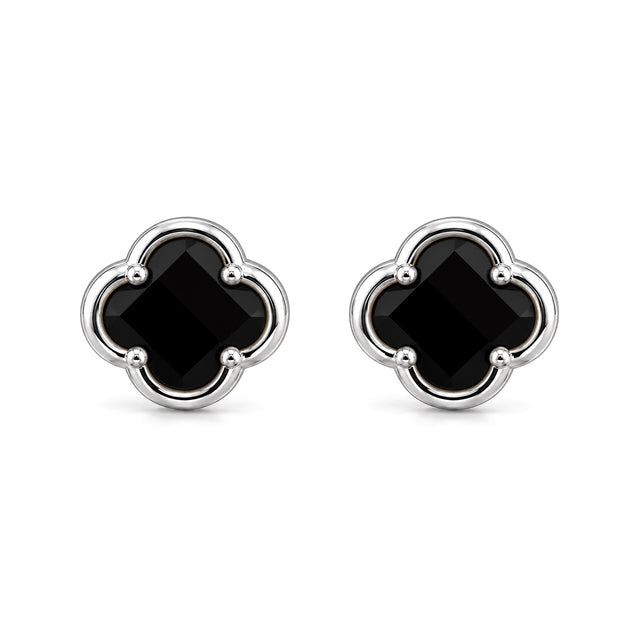 Black Onyx Clover Stud Earrings in rhodium-plated 925 silver