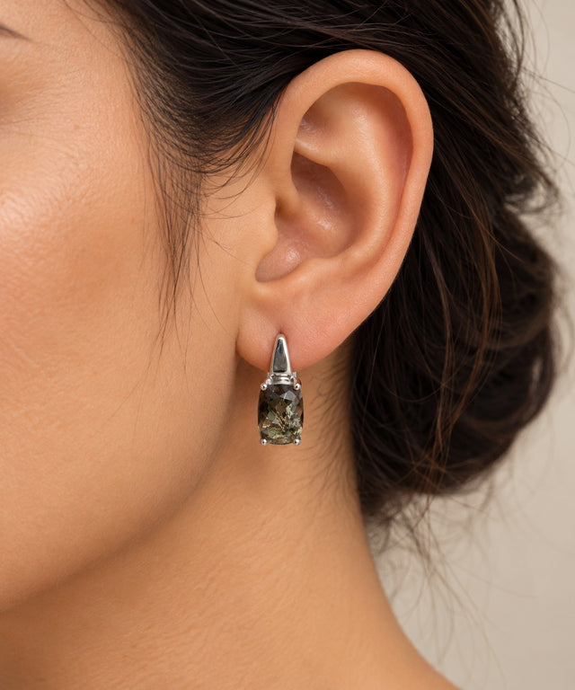 Model wearing Zultanite Glass Drop Earrings