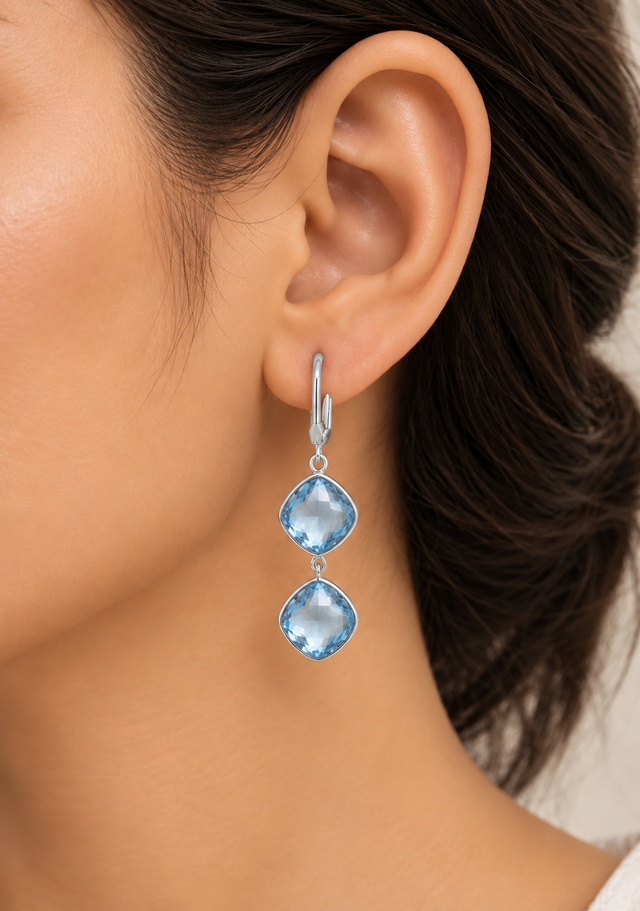Model wearing Sky Blue Topaz Drop Earrings