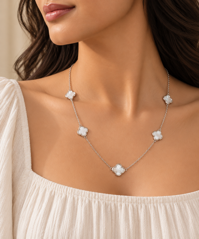Model wearing Mother-of-Pearl Clover Necklace