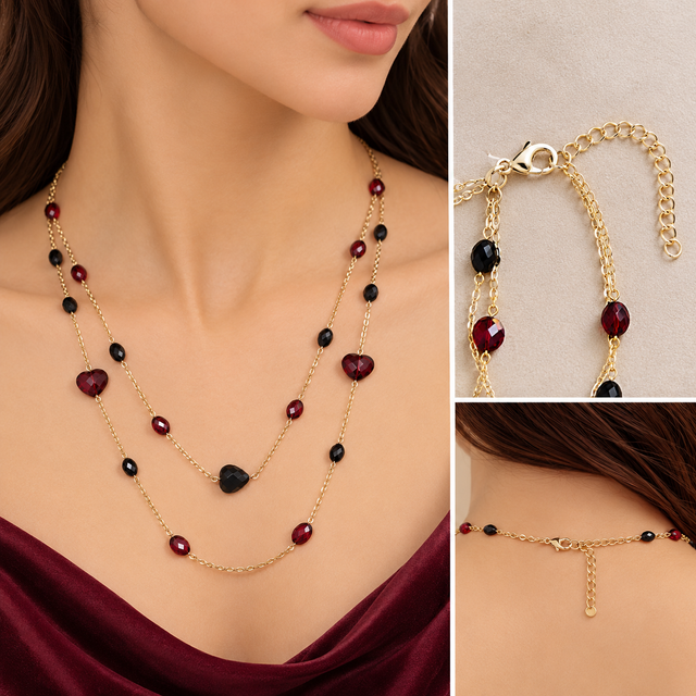 Garnet and black-stone double-layer necklace with heart accents