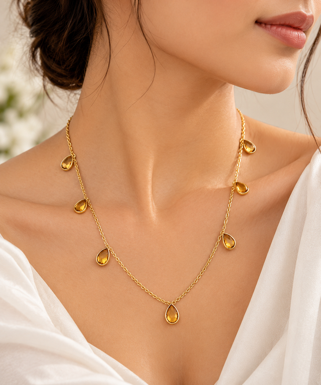 Model wearing Citrine Teardrop Necklace