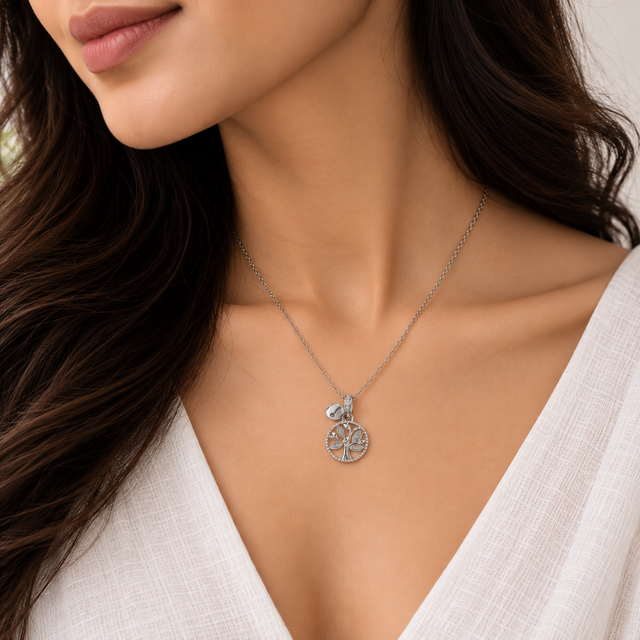 Model wearing Tree of Life White Zircon Pendant