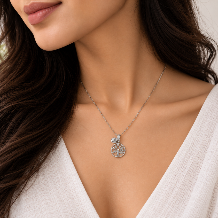Model wearing Tree of Life White Zircon Pendant