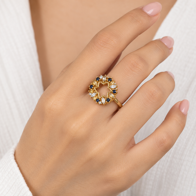 Model wearing Citrine & Iolite Floral Halo Ring