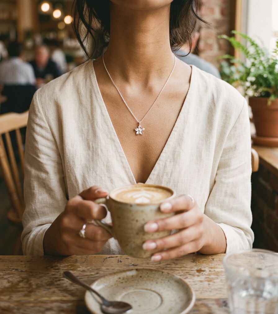 A woman across a cafe table holds her coffee, a small silver flower pendant at her collarbone.