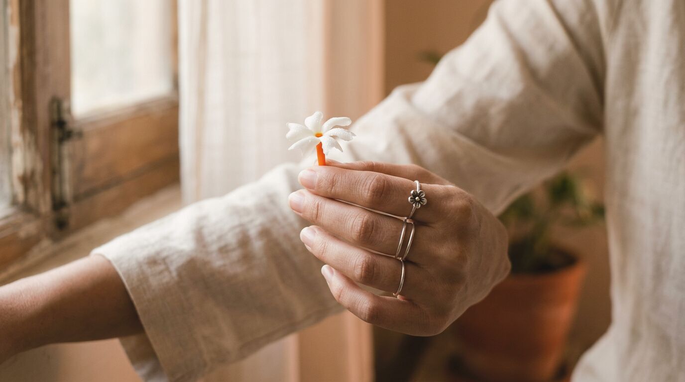 A hand in a linen sleeve holds a white Shiuli flower, wearing thin silver rings and a small silver flower ring.