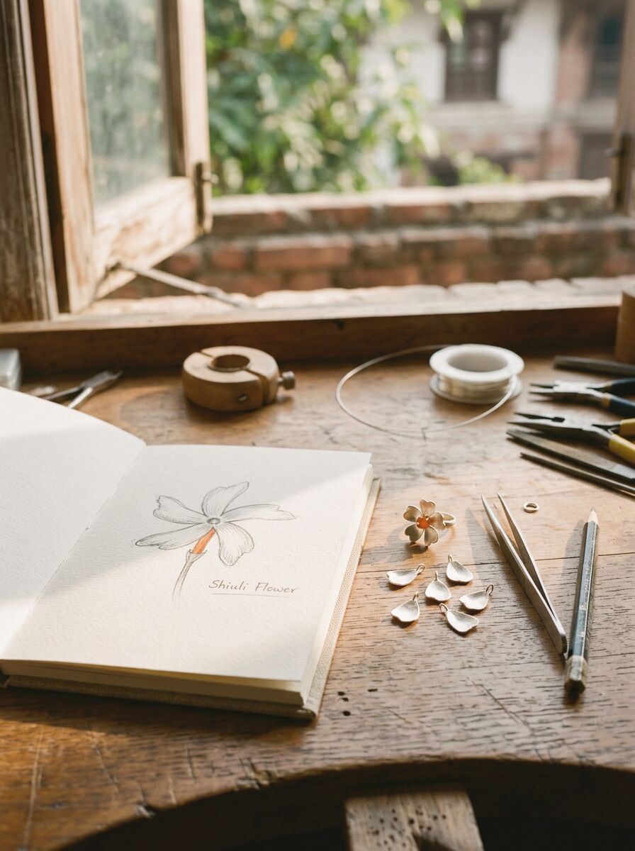 A sketchbook with a flower drawing and a few small silver pieces on a workbench.