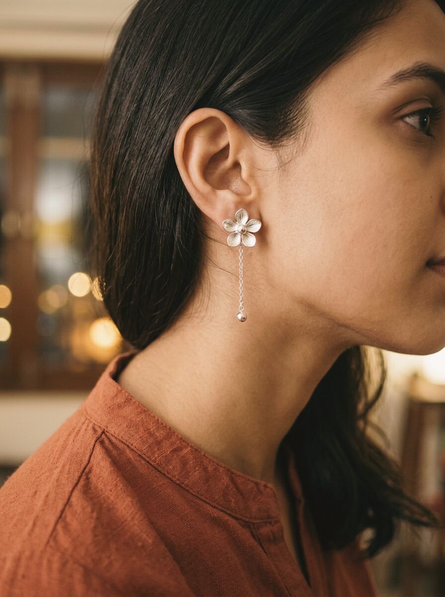 A small silver flower stud with a fine drop, worn with a terracotta cotton kurta in warm evening light.
