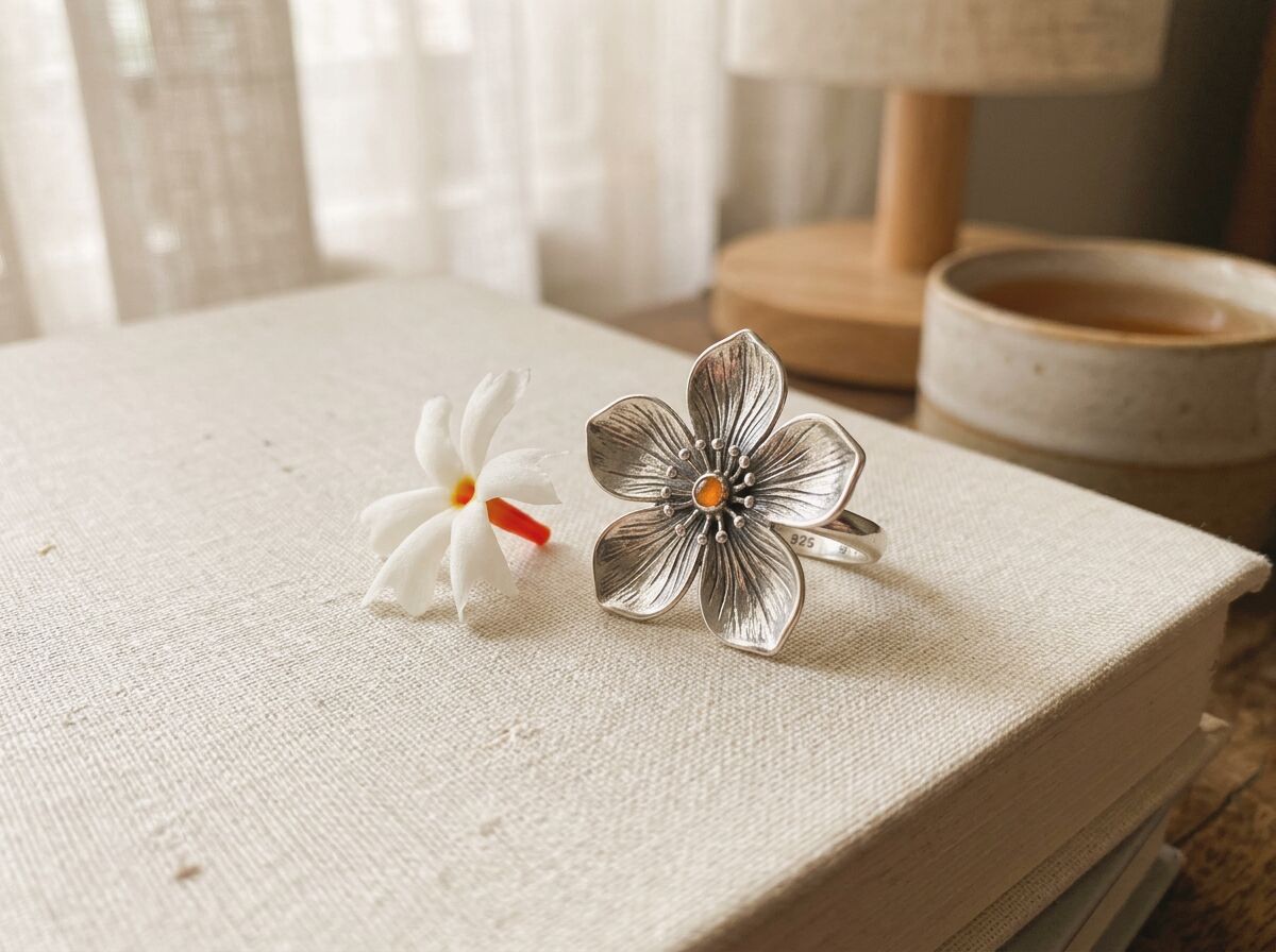A silver flower ring resting on a closed book by the bed.