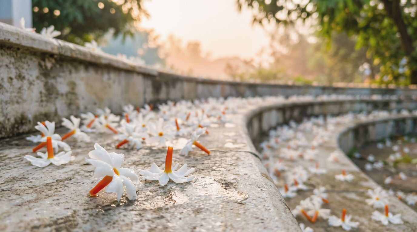 Fallen white Shiuli flowers with orange stems scattered on a pale stone step at dawn.