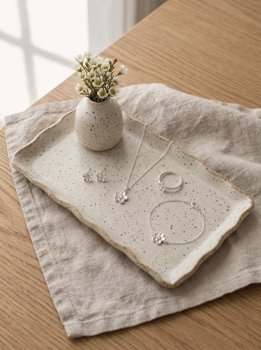 A matching set of polished silver flower jewellery on a ceramic tray: a pendant, studs, a ring and a bracelet.