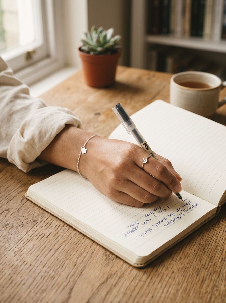 A hand writing in a notebook, wearing a fine silver flower bracelet and a slim flower ring.